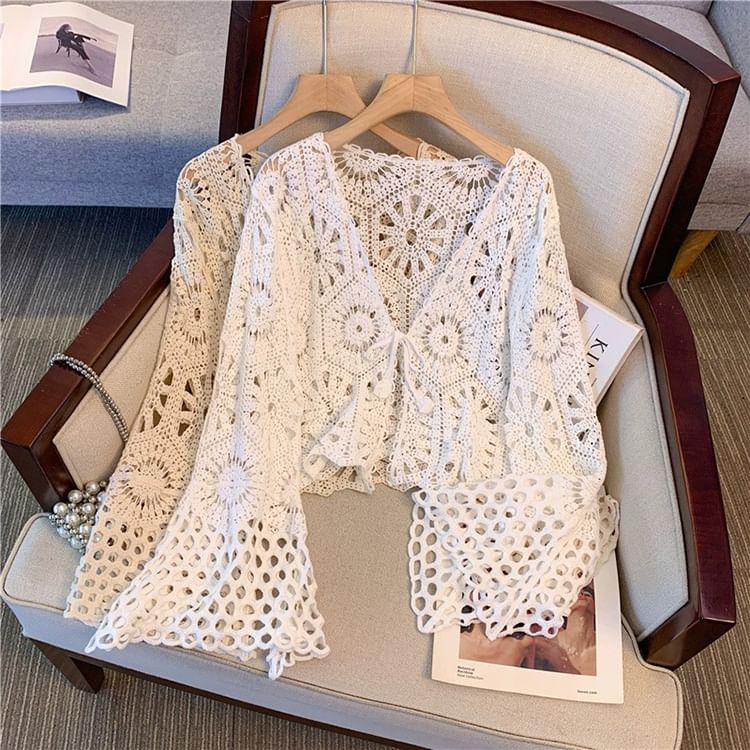 V-Neck Tie Front Crochet Knit Crop Cardigan