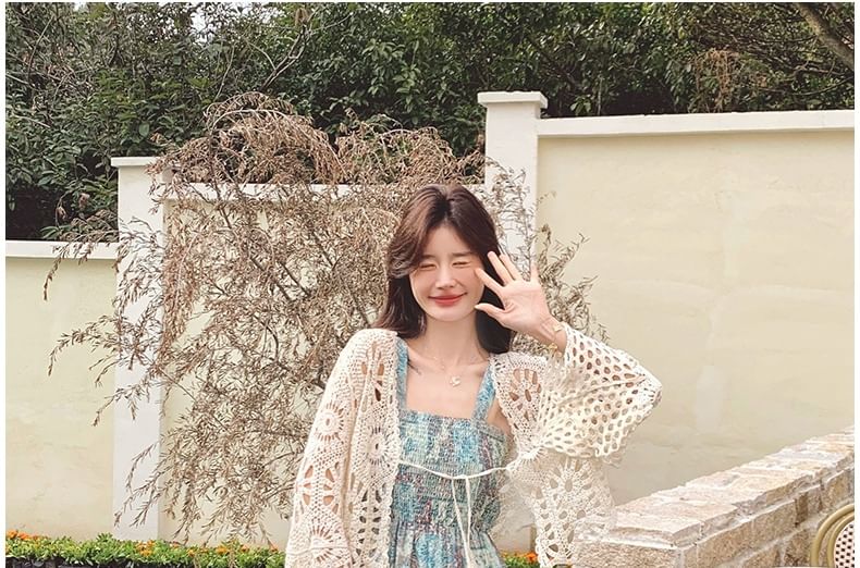 V-Neck Tie Front Crochet Knit Crop Cardigan