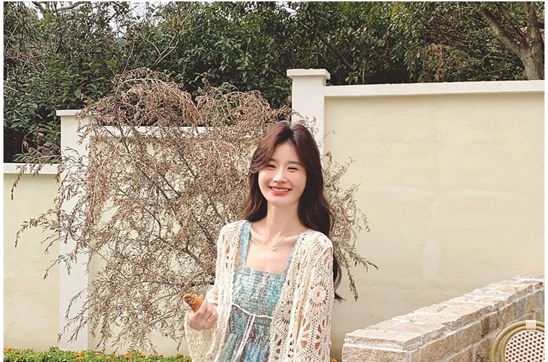 V-Neck Tie Front Crochet Knit Crop Cardigan