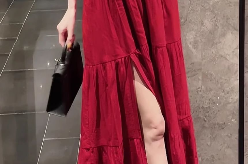 Tiered Slit V-Neck Sleeveless A-Line Maxi Dress