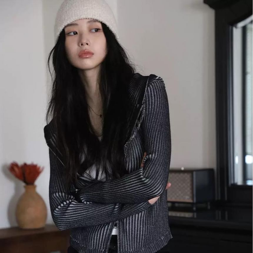 Hooded Ribbed Knit Zip Cardigan