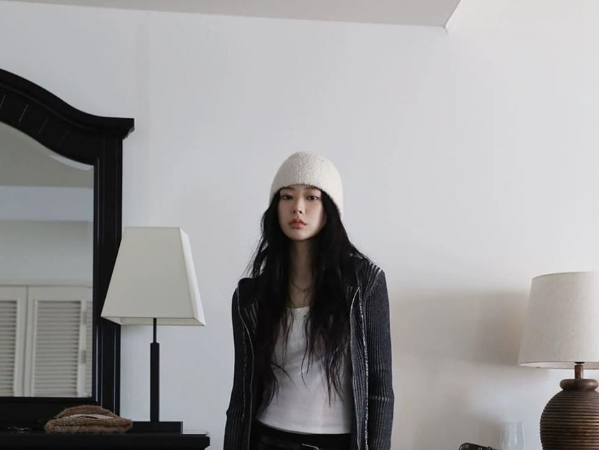 Hooded Ribbed Knit Zip Cardigan