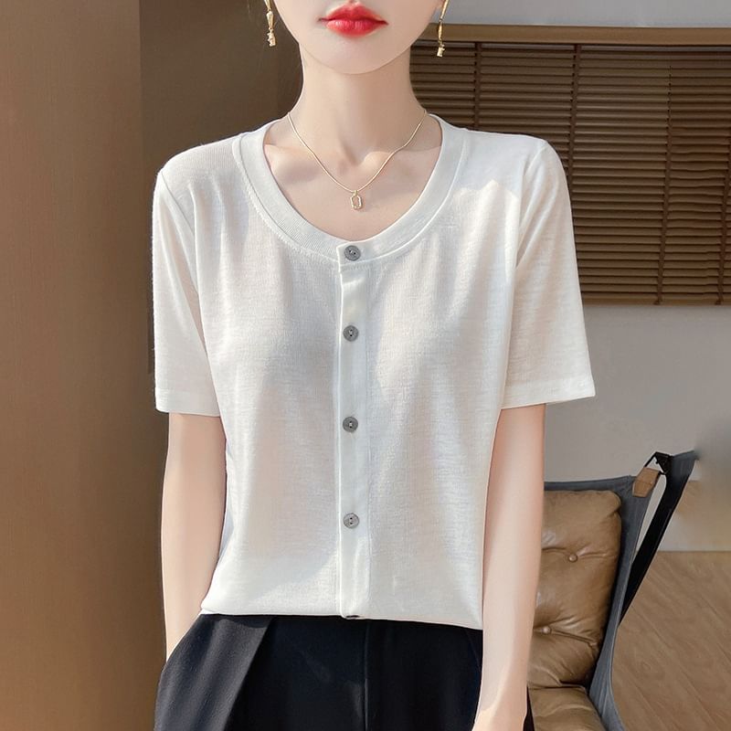 Short-Sleeve Crew Neck Button Cardigan