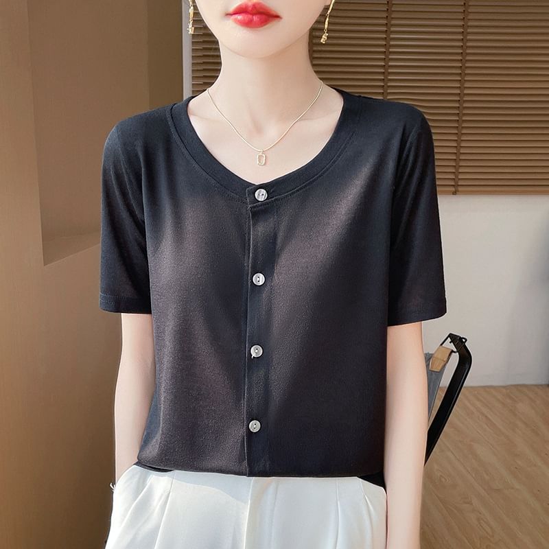 Short-Sleeve Crew Neck Button Cardigan