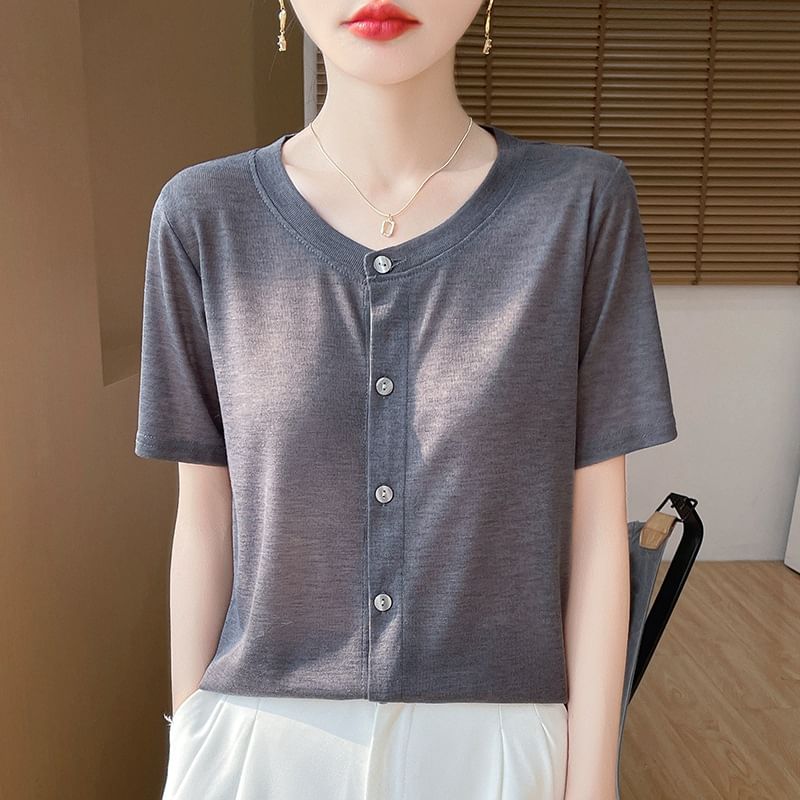 Short-Sleeve Crew Neck Button Cardigan