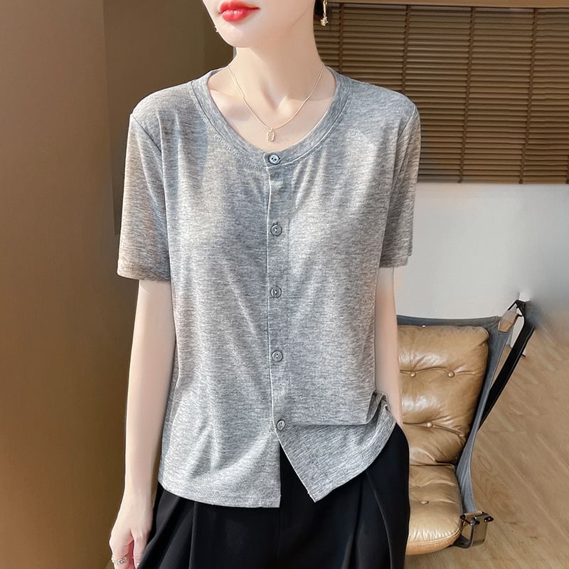 Short-Sleeve Crew Neck Button Cardigan