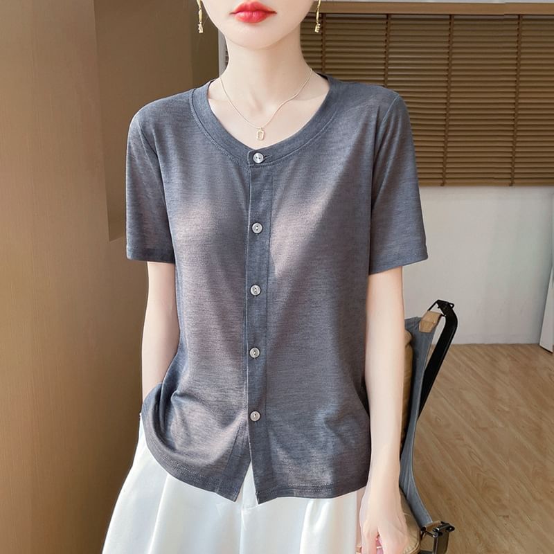 Short-Sleeve Crew Neck Button Cardigan