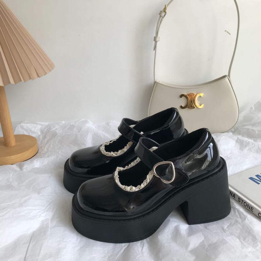 Lace Trim Platform Chunky Heel Mary Jane Shoes