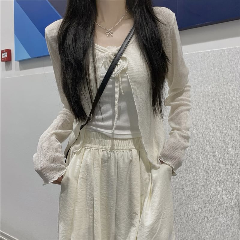 Lettuce Edge V-Neck Sheer Crop Cardigan