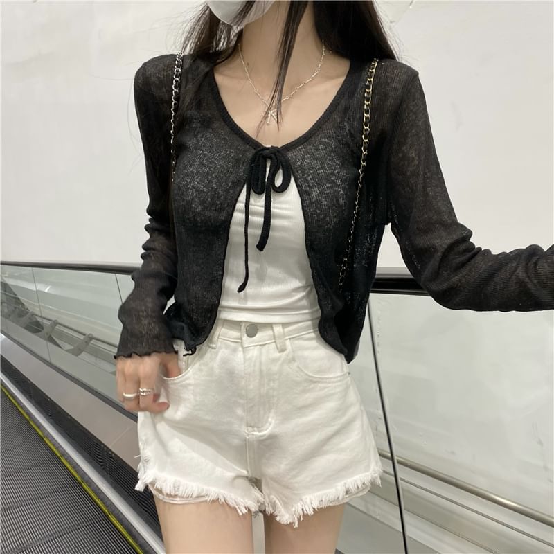 Lettuce Edge V-Neck Sheer Crop Cardigan