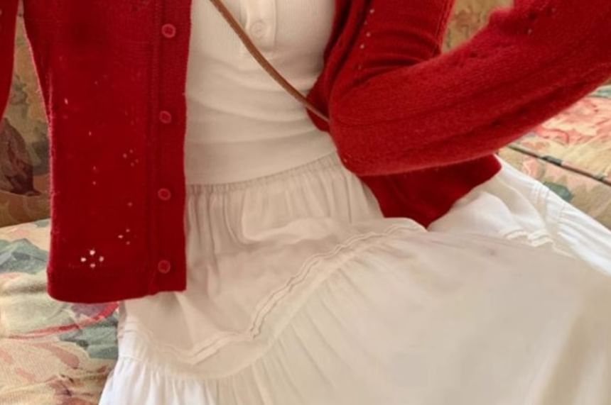 Scoop Neck Perforated Button Crop Cardigan