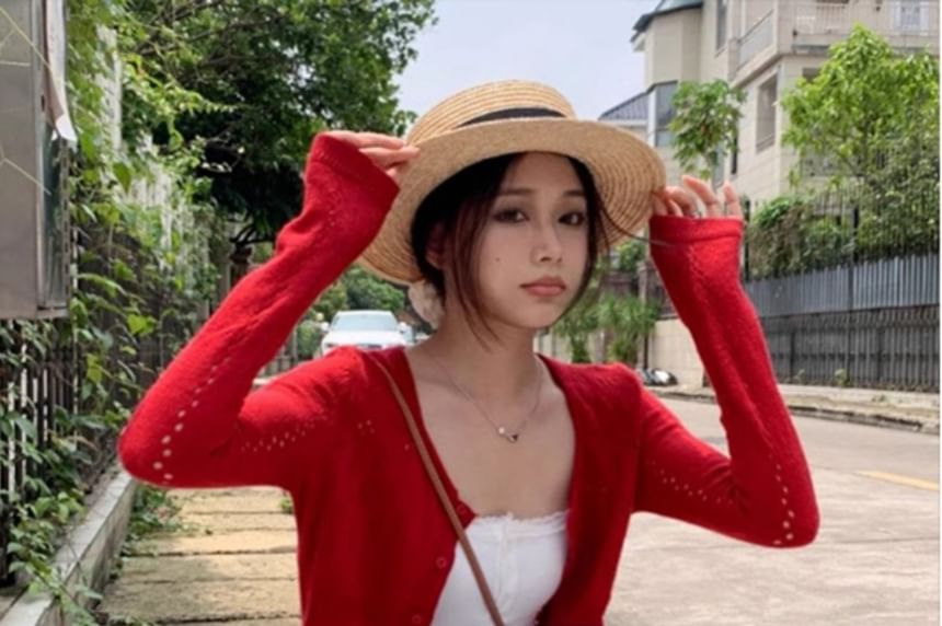 Scoop Neck Perforated Button Crop Cardigan