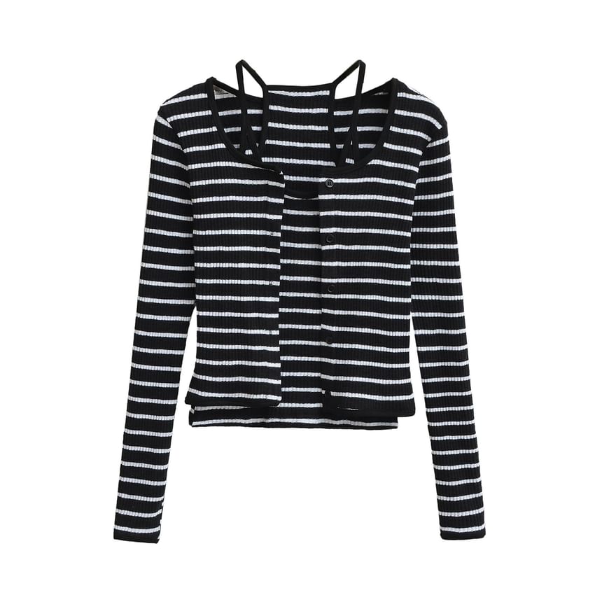 Striped Racerback Ribbed Cami and Cardigan Set
