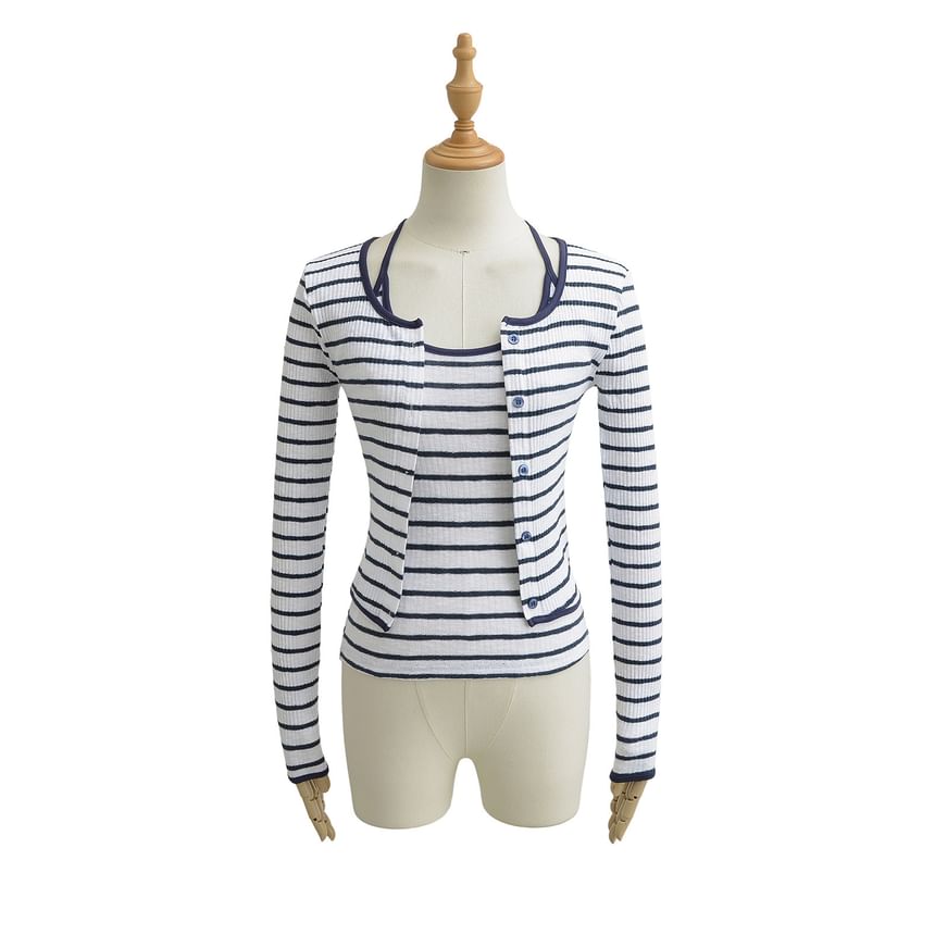 Striped Racerback Ribbed Cami and Cardigan Set