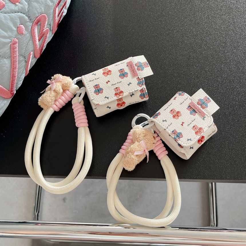 Set: Faux Leather Bear Print AirPods Earphone Case Protection Cover + Strap