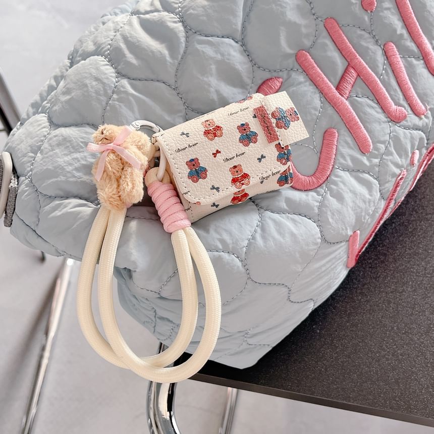 Set: Faux Leather Bear Print AirPods Earphone Case Protection Cover + Strap