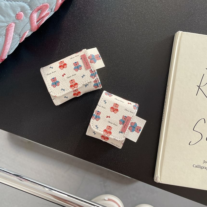 Set: Faux Leather Bear Print AirPods Earphone Case Protection Cover + Strap