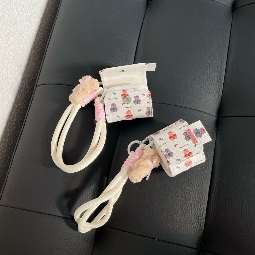 Set: Faux Leather Bear Print AirPods Earphone Case Protection Cover + Strap