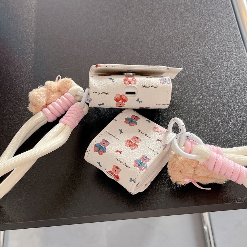 Set: Faux Leather Bear Print AirPods Earphone Case Protection Cover + Strap