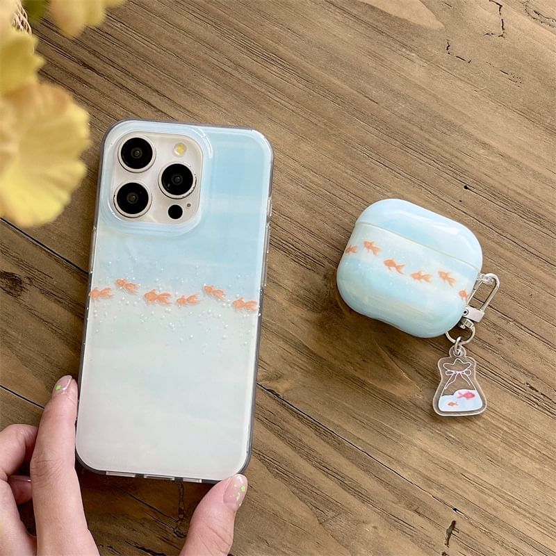 Set: Fish Print AirPods Earphone Case Protection Cover + Charm