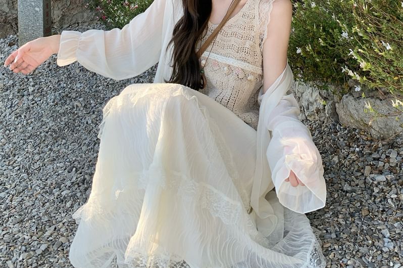 High Waist Lace Maxi A Line Skirt Tank Top Jacket