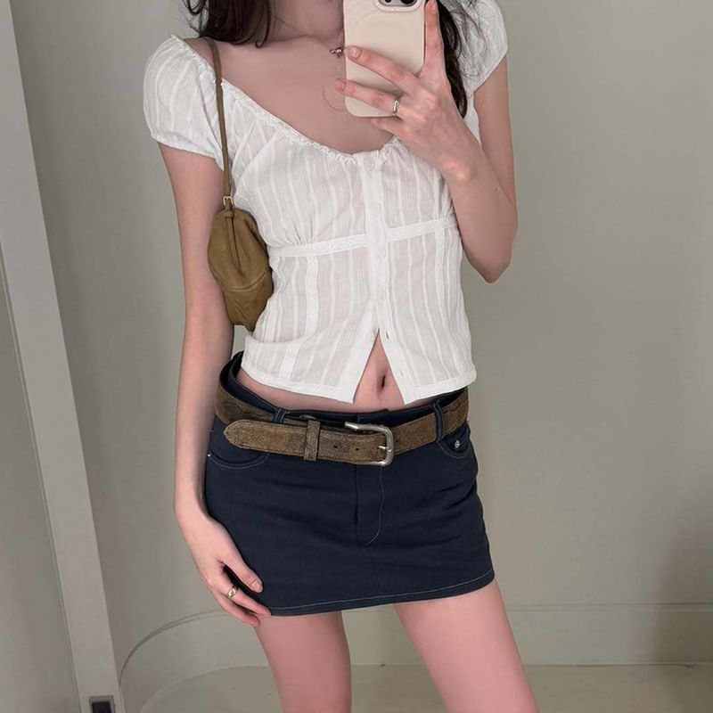 Cap Sleeve Lace Button Up Crop Scoop Neck Top