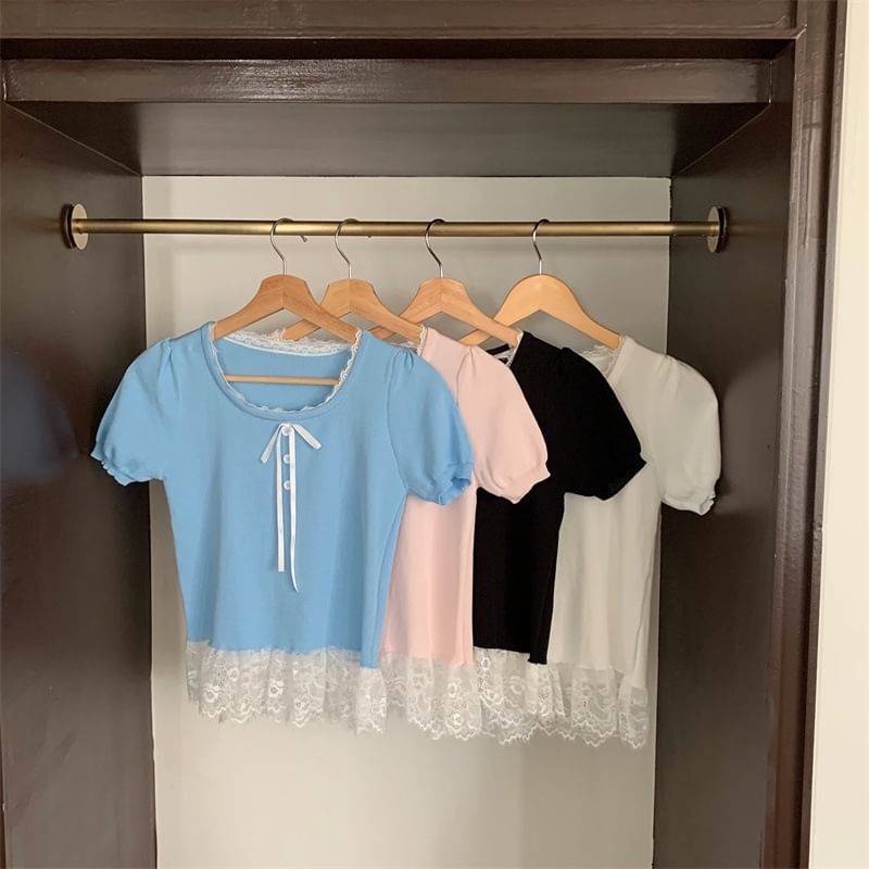 Short Sleeve Lace Trim U Neck Top