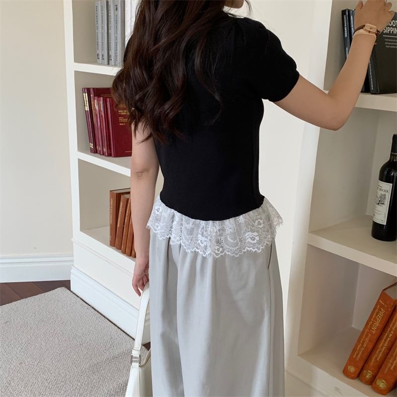 Short Sleeve Lace Trim U Neck Top