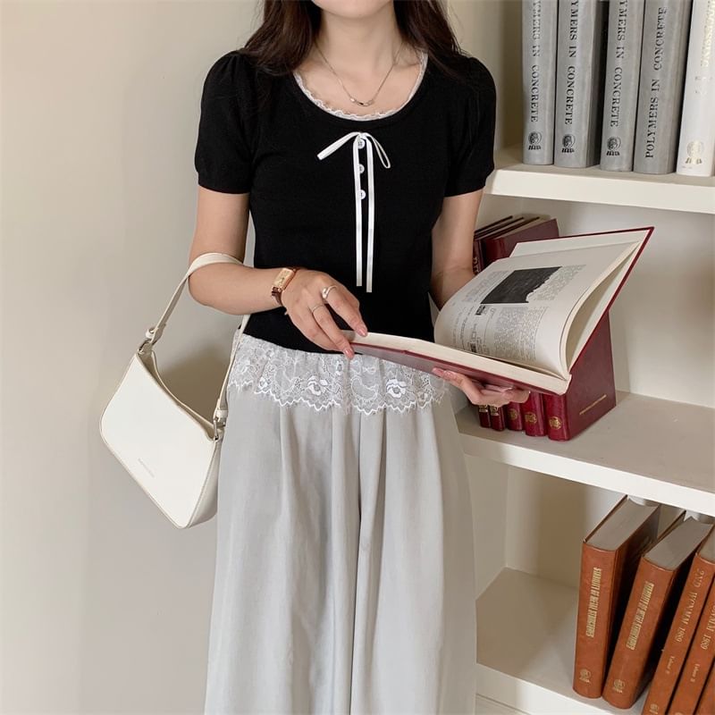 Short Sleeve Lace Trim U Neck Top