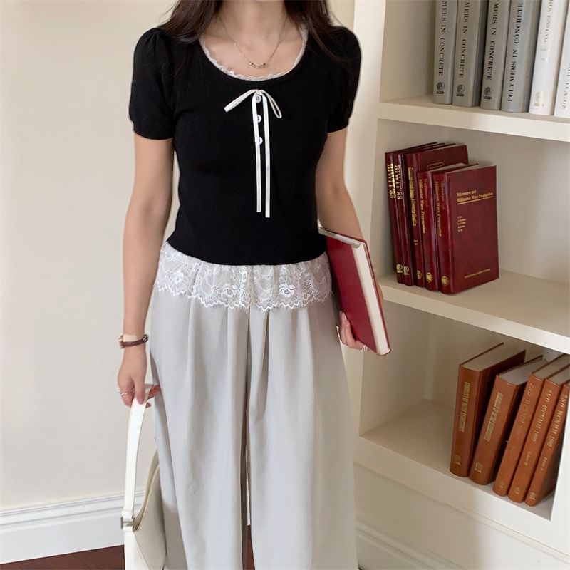 Short Sleeve Lace Trim U Neck Top