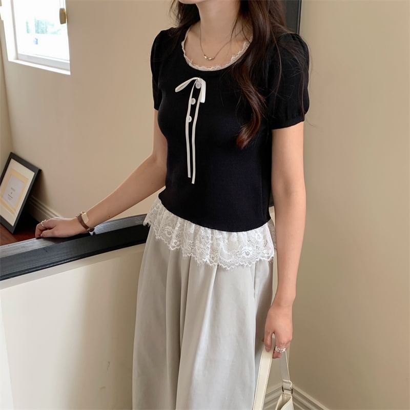 Short Sleeve Lace Trim U Neck Top