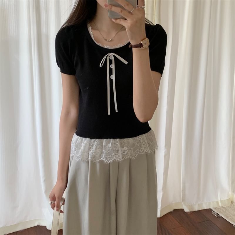 Short Sleeve Lace Trim U Neck Top