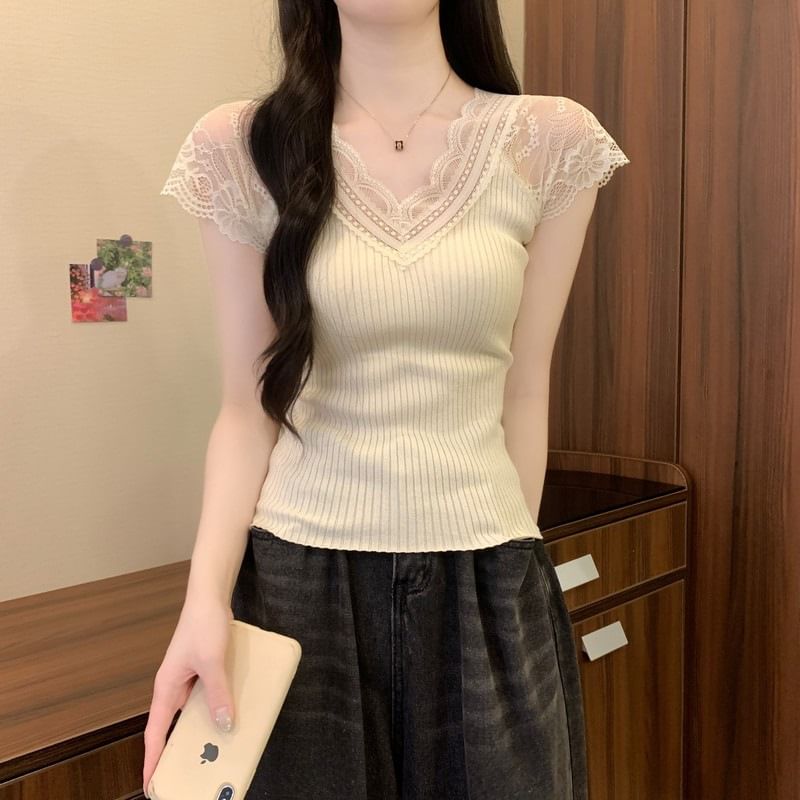 Lace Panel V Neck Short Sleeve Crop Top