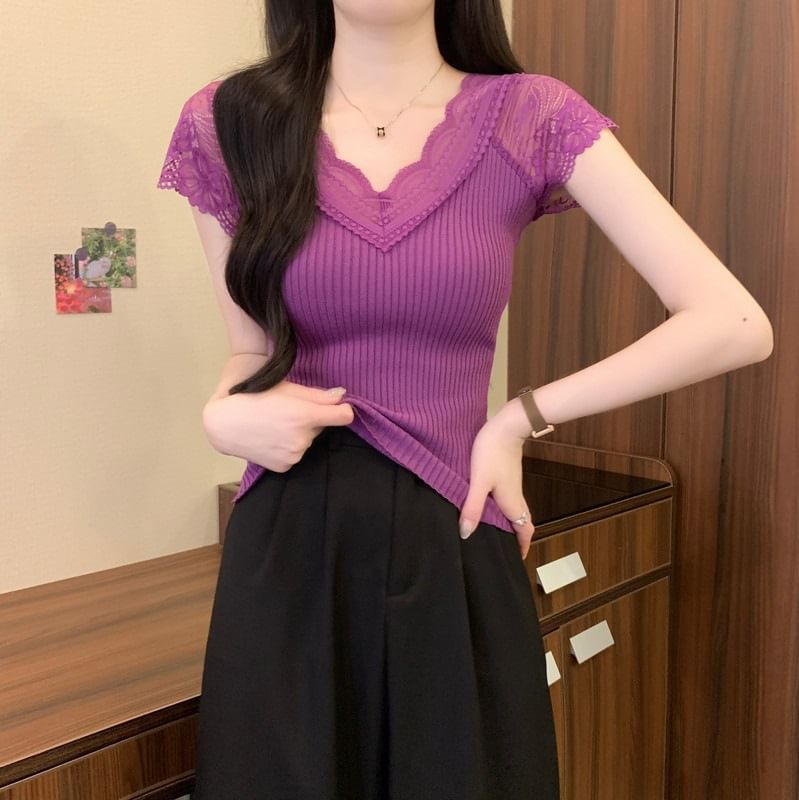 Lace Panel V Neck Short Sleeve Crop Top