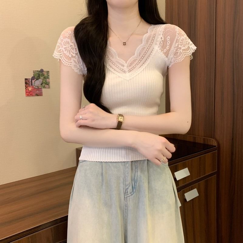 Lace Panel V Neck Short Sleeve Crop Top