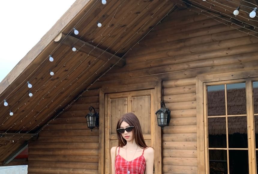 Set: Spaghetti Strap V-Neck Asymmetrical Plaid Midi A-Line Dress + Rope Belt