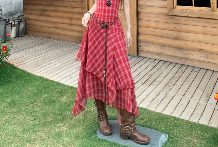 Set: Spaghetti Strap V-Neck Asymmetrical Plaid Midi A-Line Dress + Rope Belt