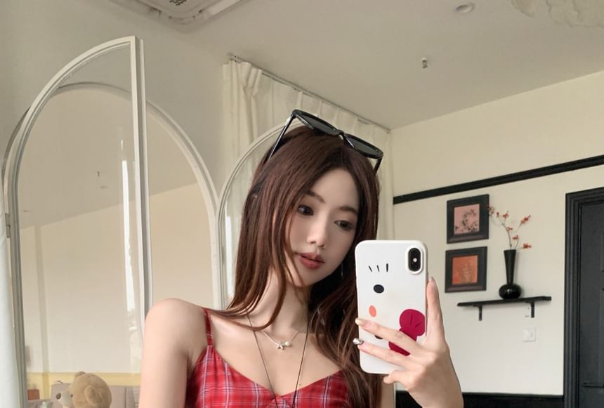 Set: Spaghetti Strap V-Neck Asymmetrical Plaid Midi A-Line Dress + Rope Belt