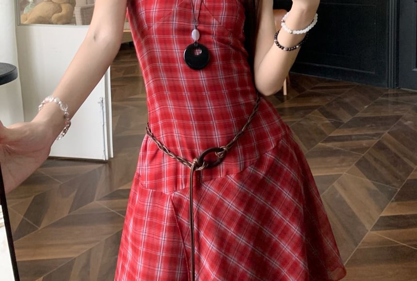 Set: Spaghetti Strap V-Neck Asymmetrical Plaid Midi A-Line Dress + Rope Belt