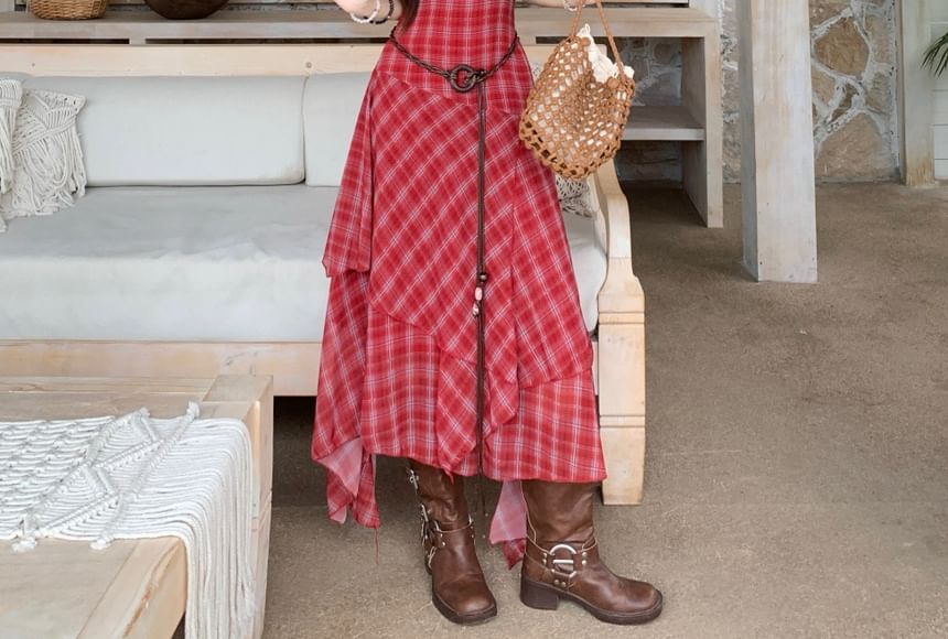 Set: Spaghetti Strap V-Neck Asymmetrical Plaid Midi A-Line Dress + Rope Belt