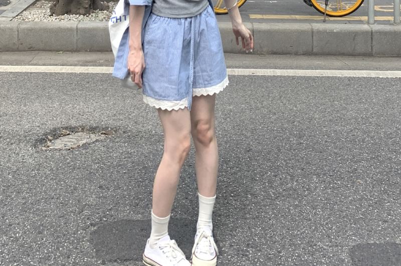 Long Sleeve Lace Trim Shirt and Shorts Set