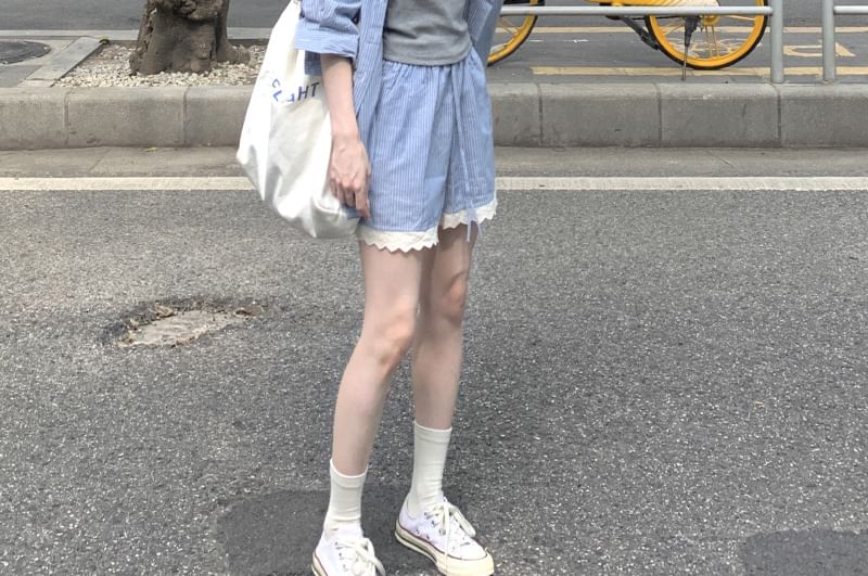 Long Sleeve Lace Trim Shirt and Shorts Set