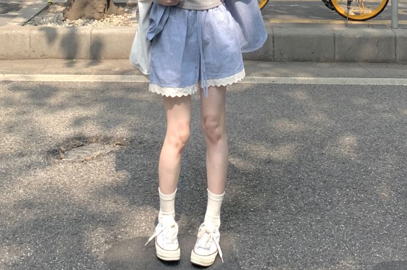 Long Sleeve Lace Trim Shirt and Shorts Set
