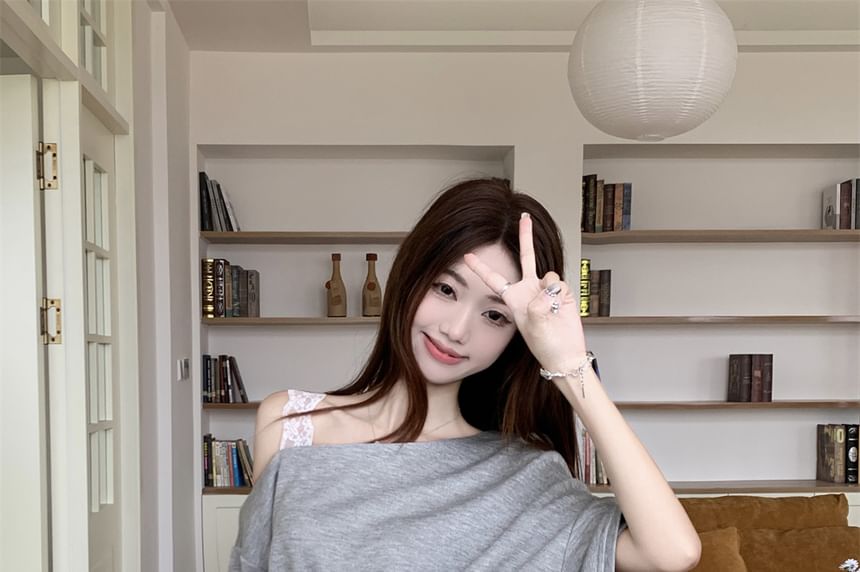 Asymmetrical Elbow Sleeve Tee Lace Panel Mini Skirt