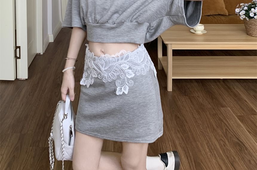 Asymmetrical Elbow Sleeve Tee Lace Panel Mini Skirt