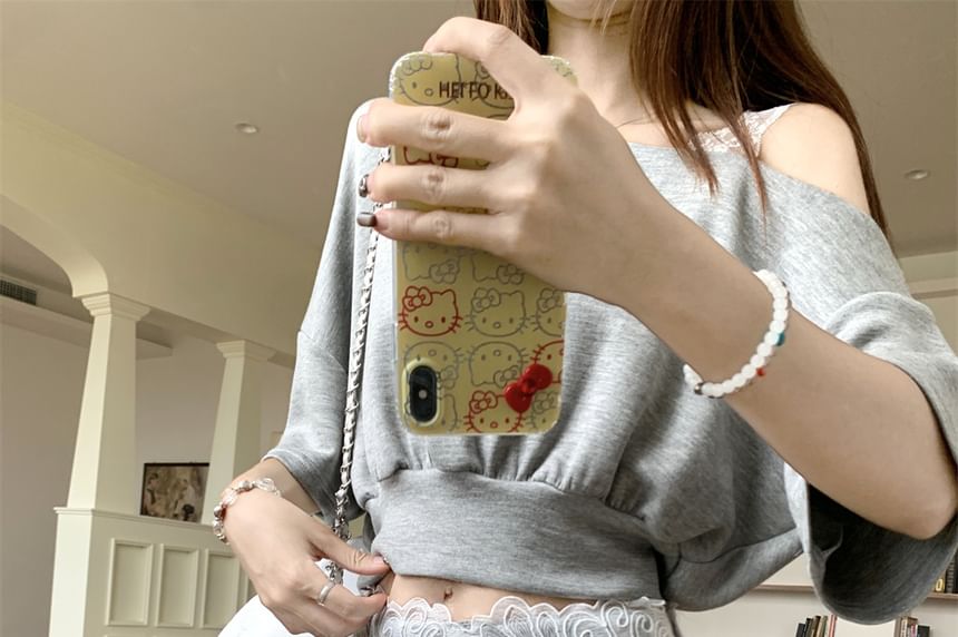 Asymmetrical Elbow Sleeve Tee Lace Panel Mini Skirt