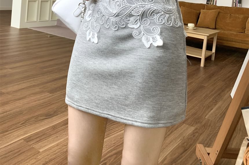 Asymmetrical Elbow Sleeve Tee Lace Panel Mini Skirt