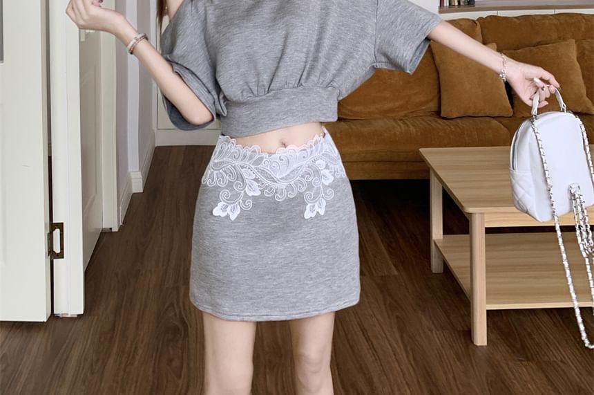Asymmetrical Elbow Sleeve Tee Lace Panel Mini Skirt