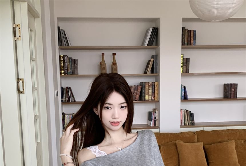 Asymmetrical Elbow Sleeve Tee Lace Panel Mini Skirt