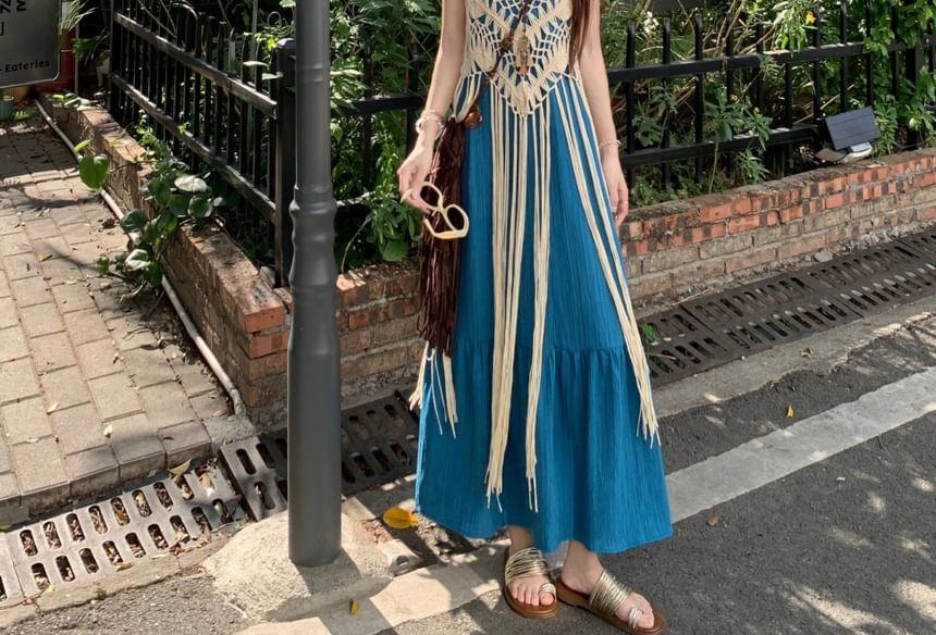 Spaghetti Strap Plain Maxi A-Line Dress / Sleeveless Fringed Top